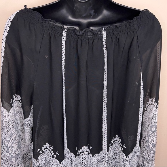 Medium Notations Black White Lace Print Blouse Peasant Semi Sheer Goth - Picture 8 of 16